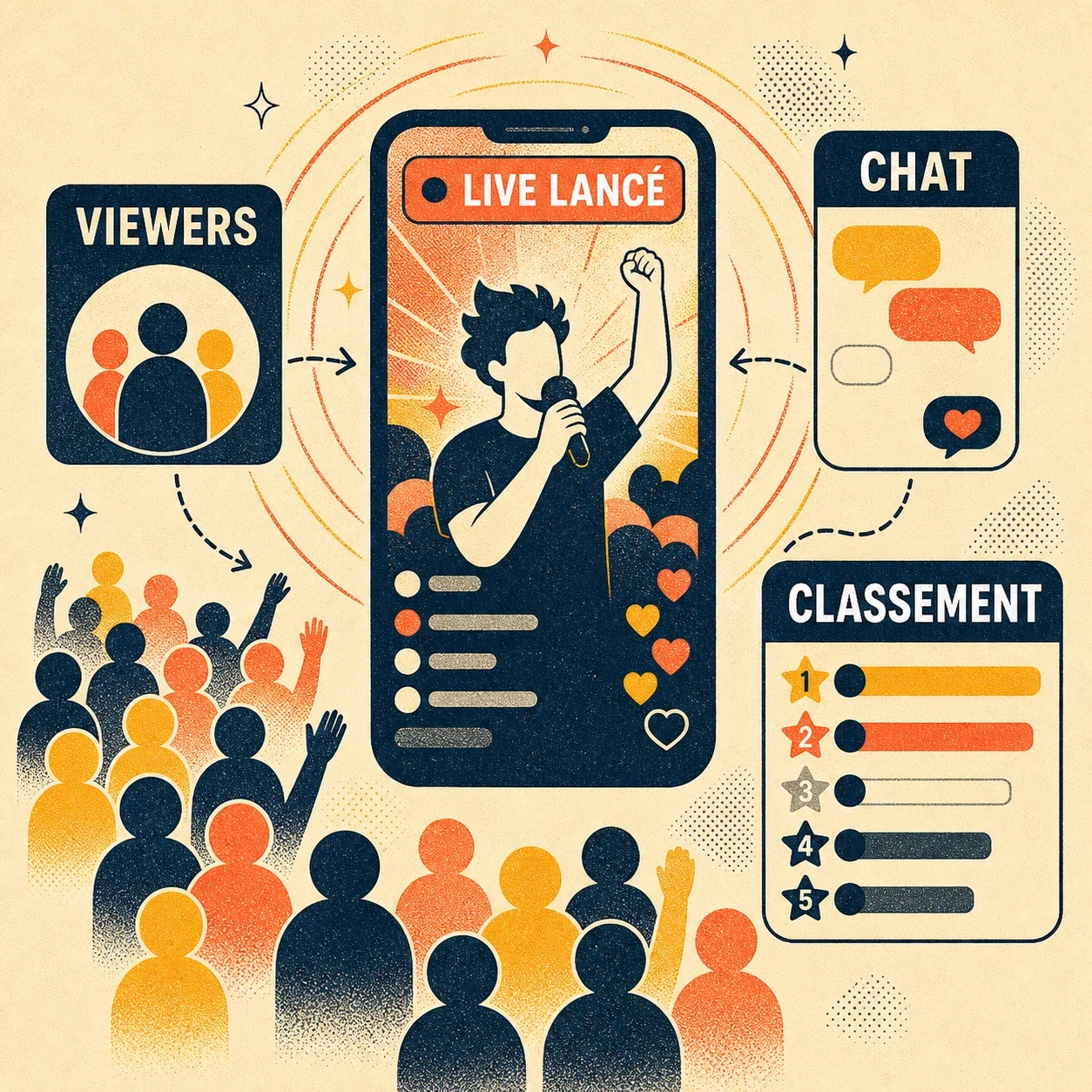 Infographie live TikTok avec les labels Live lancé, Viewers, Chat et Classement.