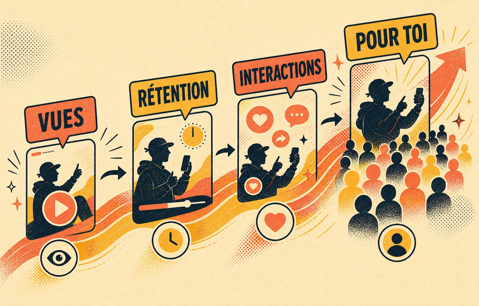 Infographie TikTok avec les labels Vues, Rétention, Interactions et Pour Toi.