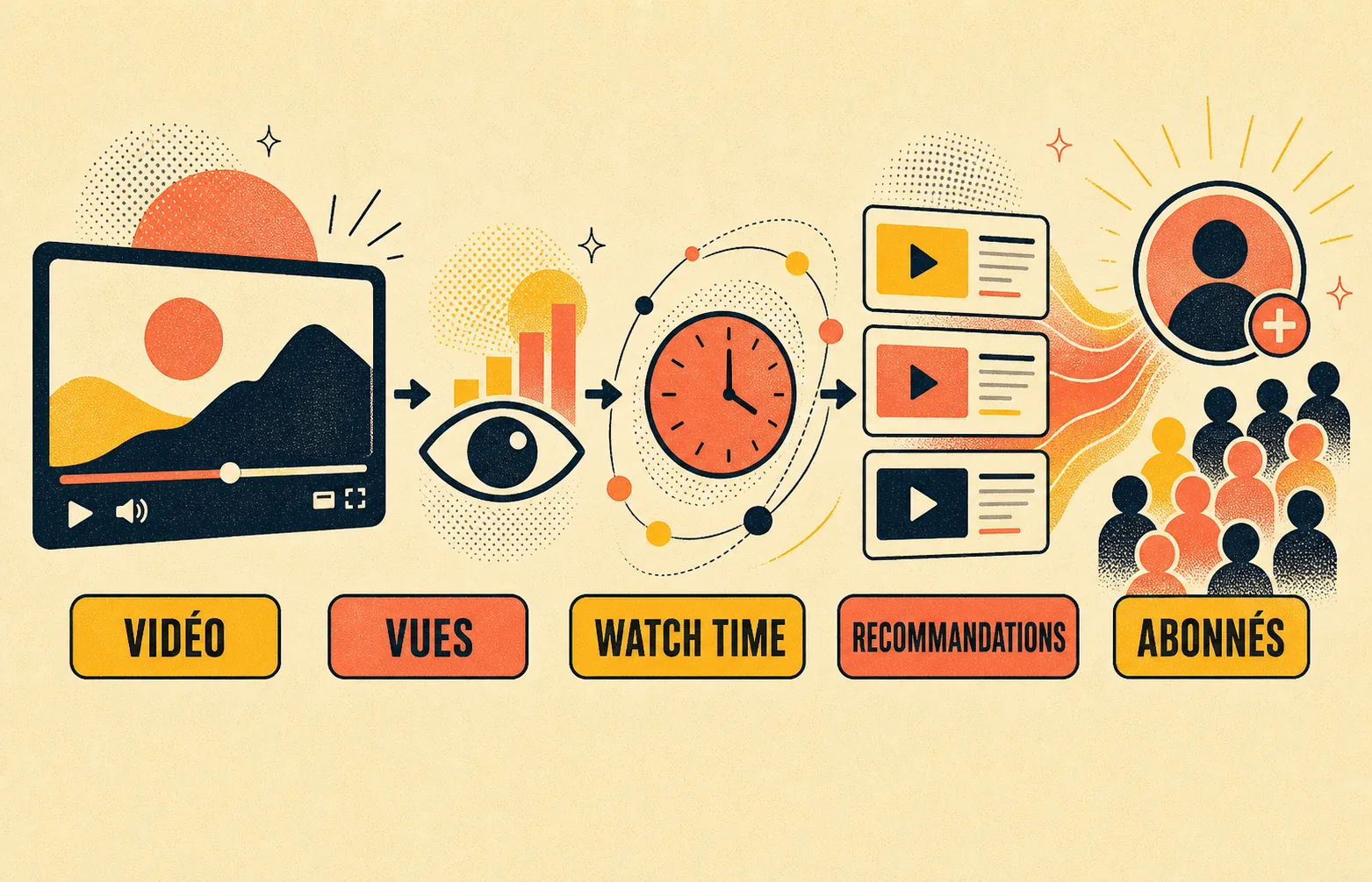 Infographie YouTube avec les labels Vidéo, Vues, Watch time, Recommandations et Abonnés.